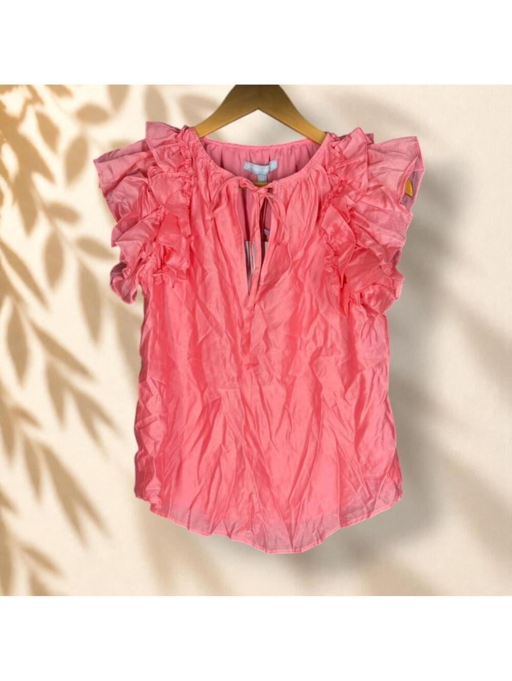 New Antonio Melani Blouse Women XS Pink Tasseled Short Sleeve Ruffle Casual
